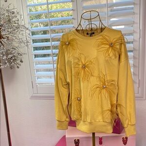 Feathered Bloom Embellished Sweatshirt – Mustard Yellow
